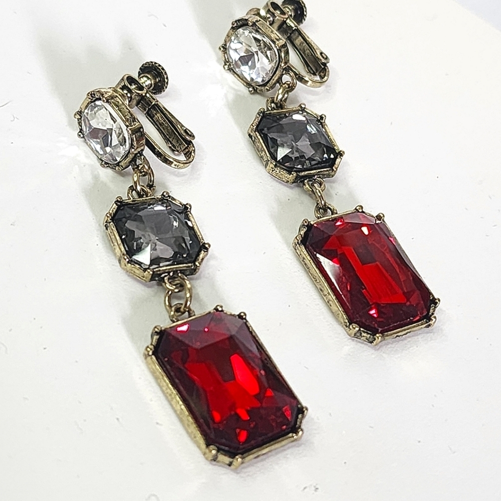 Vintage Clip on Drop Earrings Ruby Red Smokey Grey Crystal